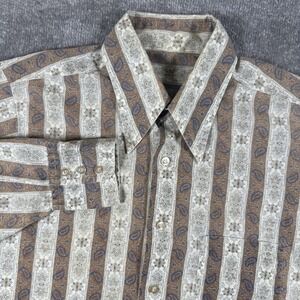 Vintage Disco Rave Shirt Men's 15 M Brown Paisley Long Sleeve Button Up Dacron